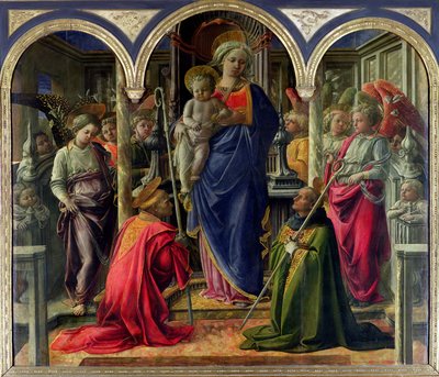 Barbadori-Altarbild: Jungfrau und Kind umgeben von Engeln mit St. Frediano und St. Augustinus, 1437 von Fra Filippo Lippi